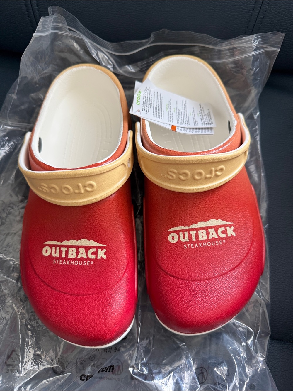 CROCS Outback Steakhouse Red Clogs with Tan Strap Women size 11 / Men size 9